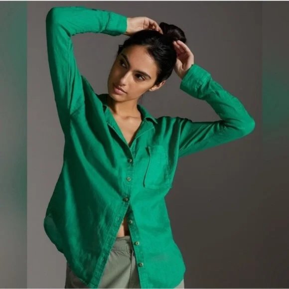 NWT 💚 MAEVE Anthropologie 100% Linen Long Sleeve Button Down Shirt Top - Picture 1 of 5
